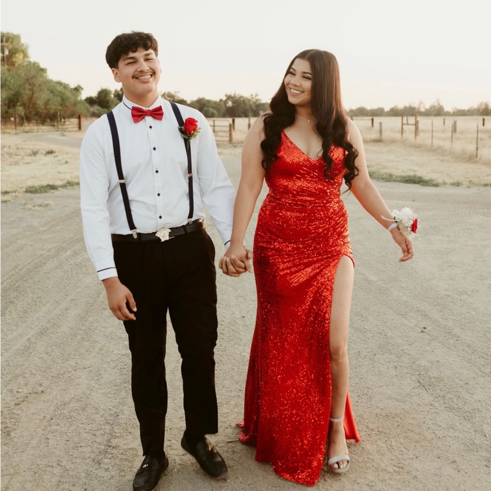 Red sequin dress with slit
